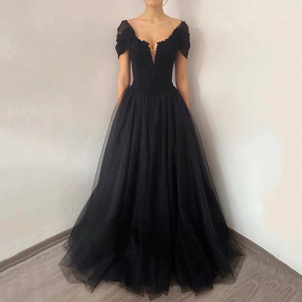 Vestido De novia gótico brillante para novia y mujer, Vestido De novia elegante De manga larga con cuello en V, apliques De línea A, color negro