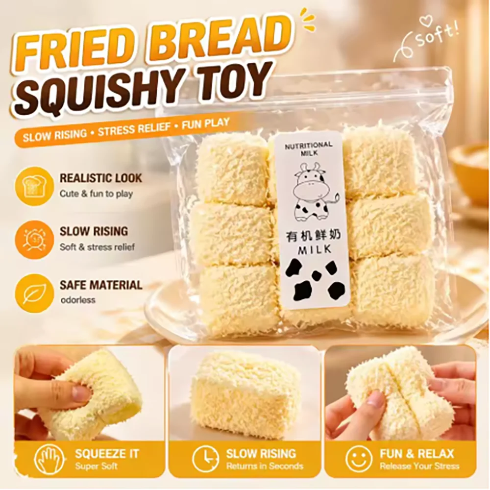 9pcs New Simulation Milk Fried Bread Soft Pinch Relieve Daily Stress and Tension Decompression Slow Rebound Fidget Children Toy.