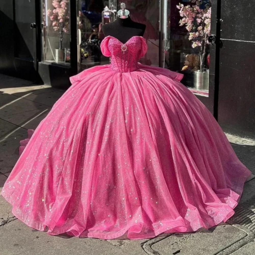 Watermelon Red Quinceanera Dresses Shiny Beads Crystal Bow Princess Birthday Party Dresses Off Shoulder Ball Gown Vestido De 15