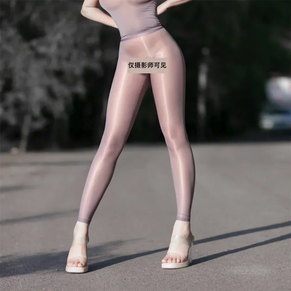 Women Sexy Pants Ultra-Thin Super Transparent Ice Silk Oil Glossy Tight Fitness Yoga Leggings Peach Hip Nude Hip Lifting Trouser