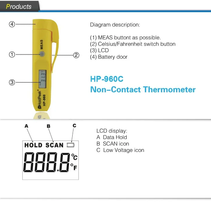 HoldPeak tipo di penna portatile HP-960C termometro digitale a infrarossi senza contatto Mini Tester strumento di temperatura Laser-30-275\'c