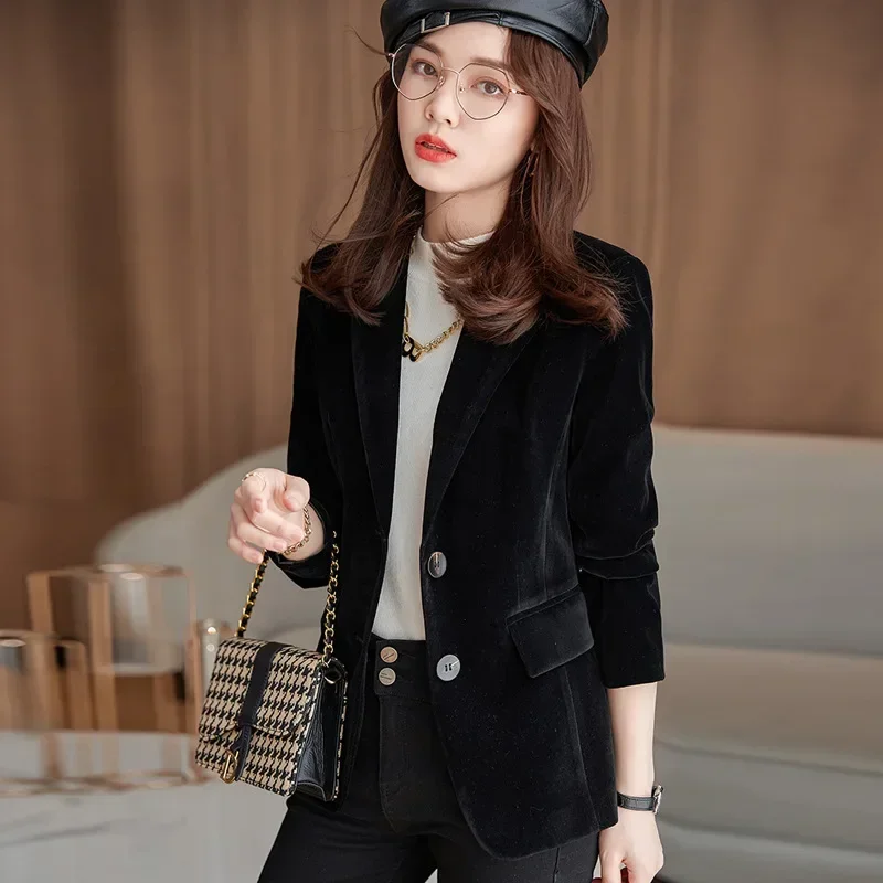 

New Spring Fashion Women Midnight Navy Slim Velvet Blazer Office Lady Double Button Suit Jacket Coat Female Party Clothes Gift