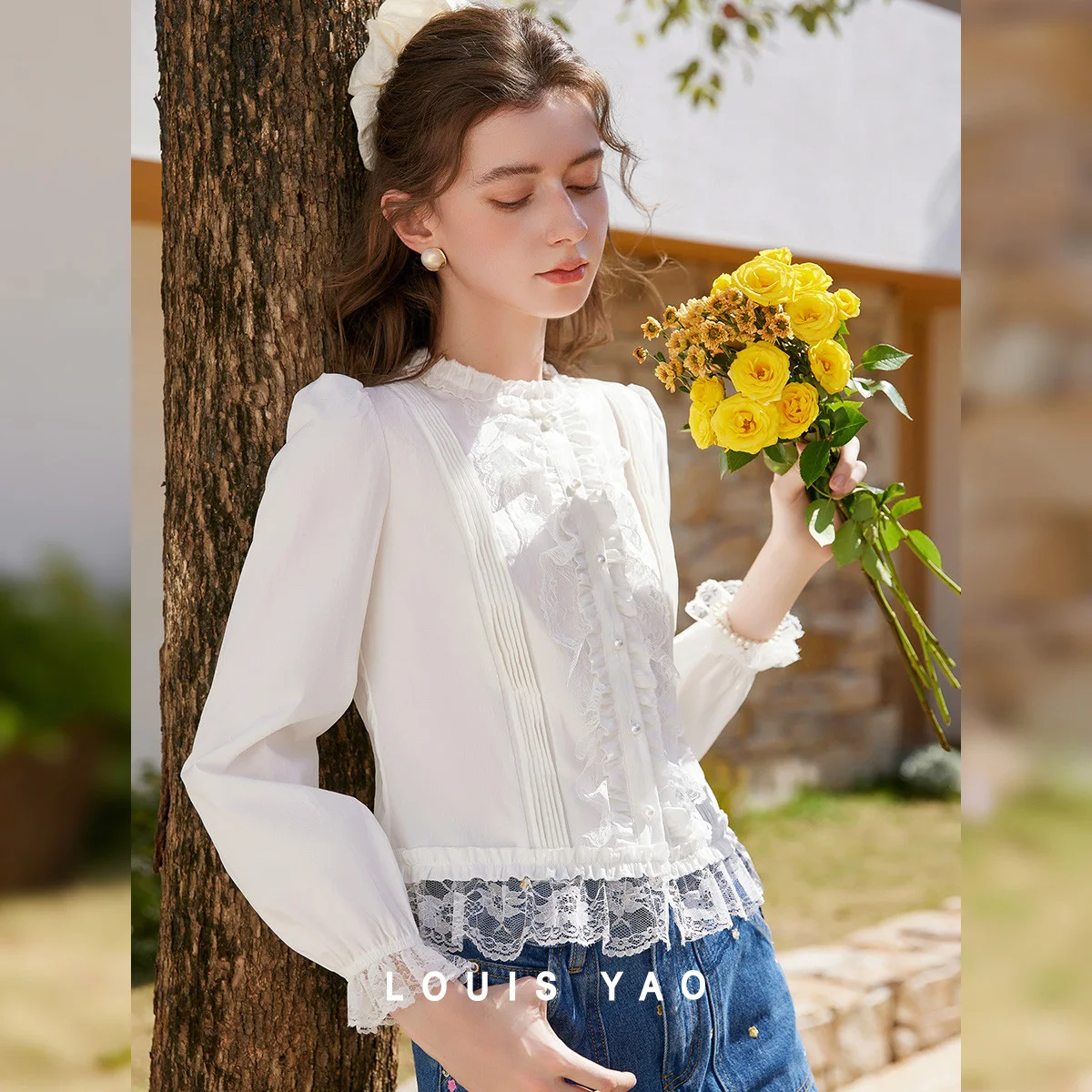 LOUIS YAO Women's Blouse 2026 Spring Sweet Patchwork Women Shirt Standard Shoulder Long Sleeve Round Neck  Lace Trim Cardigan