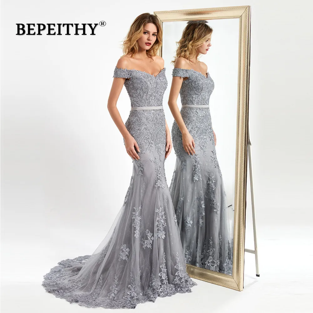 BEPEITHY Customized Mermaid Off Shoulder Long Evening Dresses For Women Lace Luxury Dubai Prom Dress With Short Train Party Gown