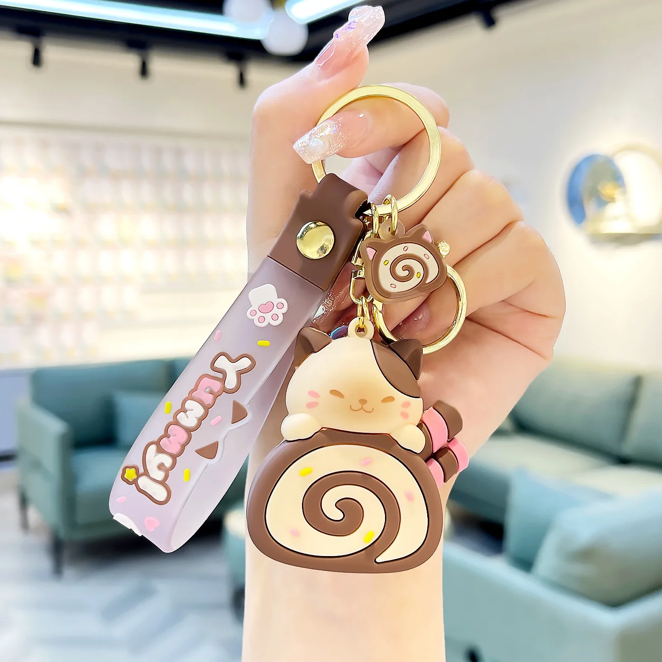 Cute Cat Cake Roll Key Chain Kawaii Kitty Keyring Cat Doll Keyring Schoolbag Pendant Accessories