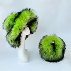 Fashion Faux Fur Bucket Hat For Girl Supper Fluffy And Big Furry Fur Cap Luxury Fluffy Fisherman Hat With Fur Handbag Set