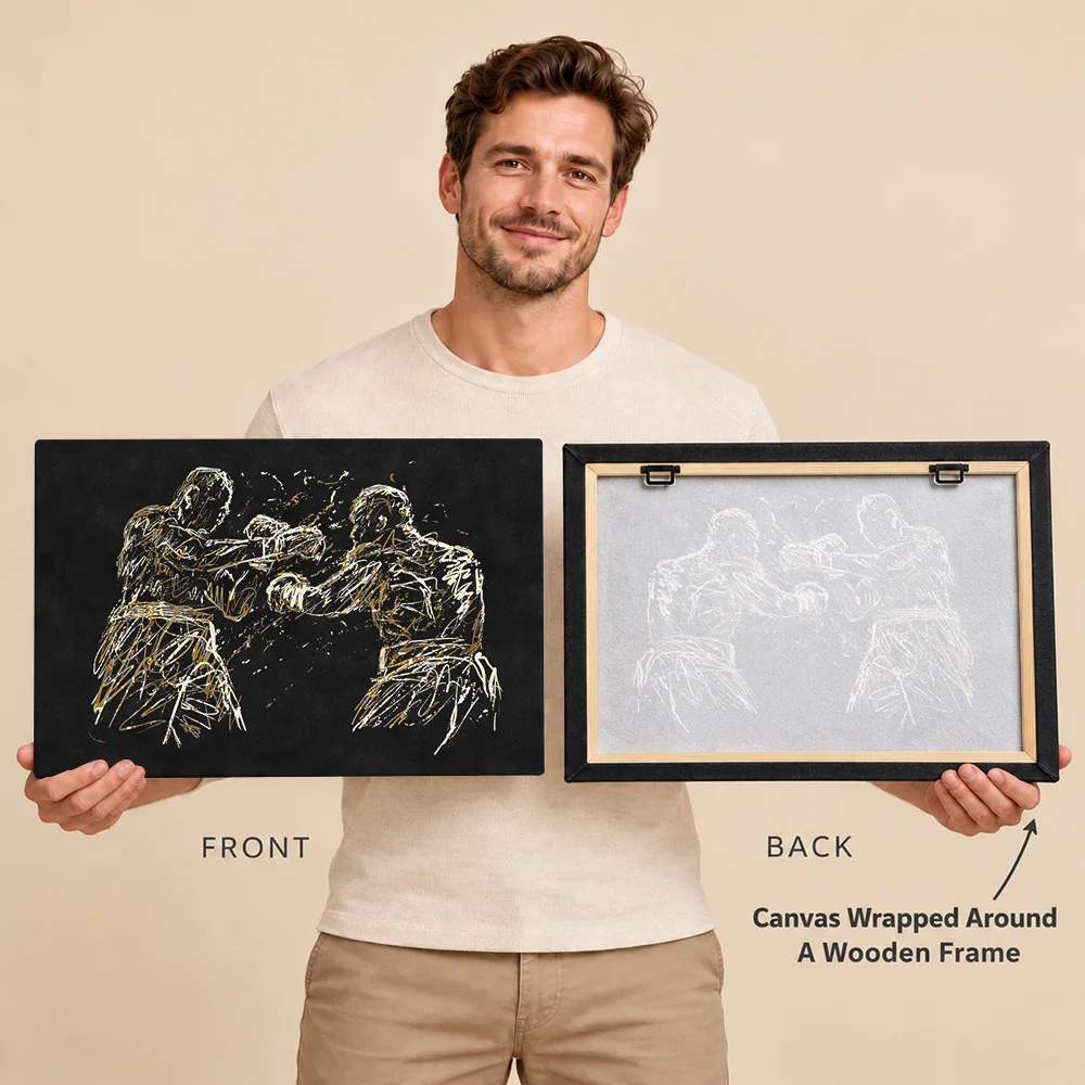 Boxing Match Abstract Silhouettes Canvas Print With Wooden Frame Personalized Photo Golden Linework Wall Art For Training Room
