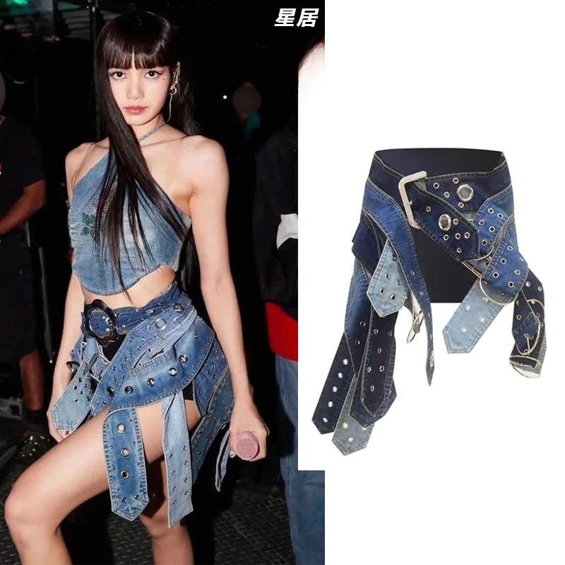 Kpop Korean Singer Concert Irregular Belt Denim Skirt Women Jazz Dance Costume Stage Outfit Nightclub Girl Stage Dance Clothing