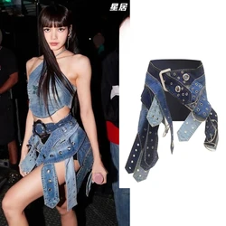 Kpop Korean Singer Concert Irregular Belt Denim Skirt Women Jazz Dance Costume Stage Outfit Nightclub Girl Stage Dance Clothing