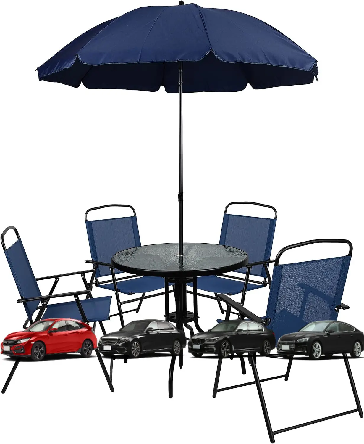 

Flash Furniture Nantucket 6-Piece Patio Dining Set with Glass Table, 4 Folding Chairs, and Umbrella, Outdoor Patio Table, Chairs