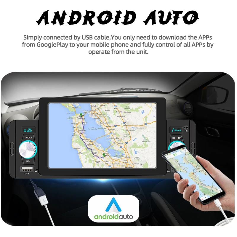 Car Multimedia Player 1 DIN 5 Inch Android Auto/Carplay MP5 Bluetooth Mirror Link Accessories Dual USB/Knob IPS Touch Screen