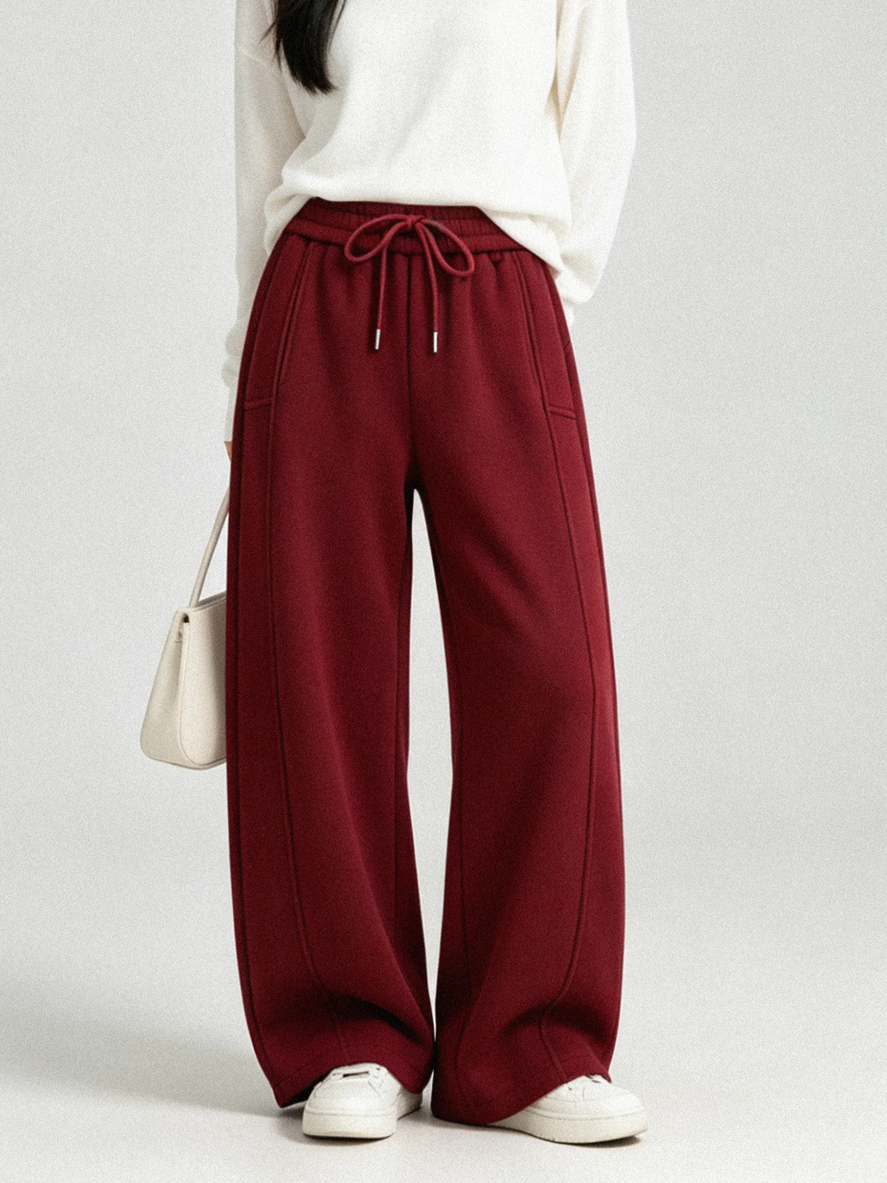Fleece Lined Wide Leg Sweatpants Korean Style Simple Design Winter Warm Skin Friendly Sports Long Trousers Slimming Effect