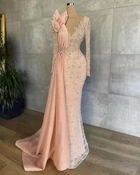 Customized Pink Evening Dresses Mermaid Long Sleeves Lace Beaded Long Turkey Dubai Saudi Arabic Long Evening Gown Prom Dress