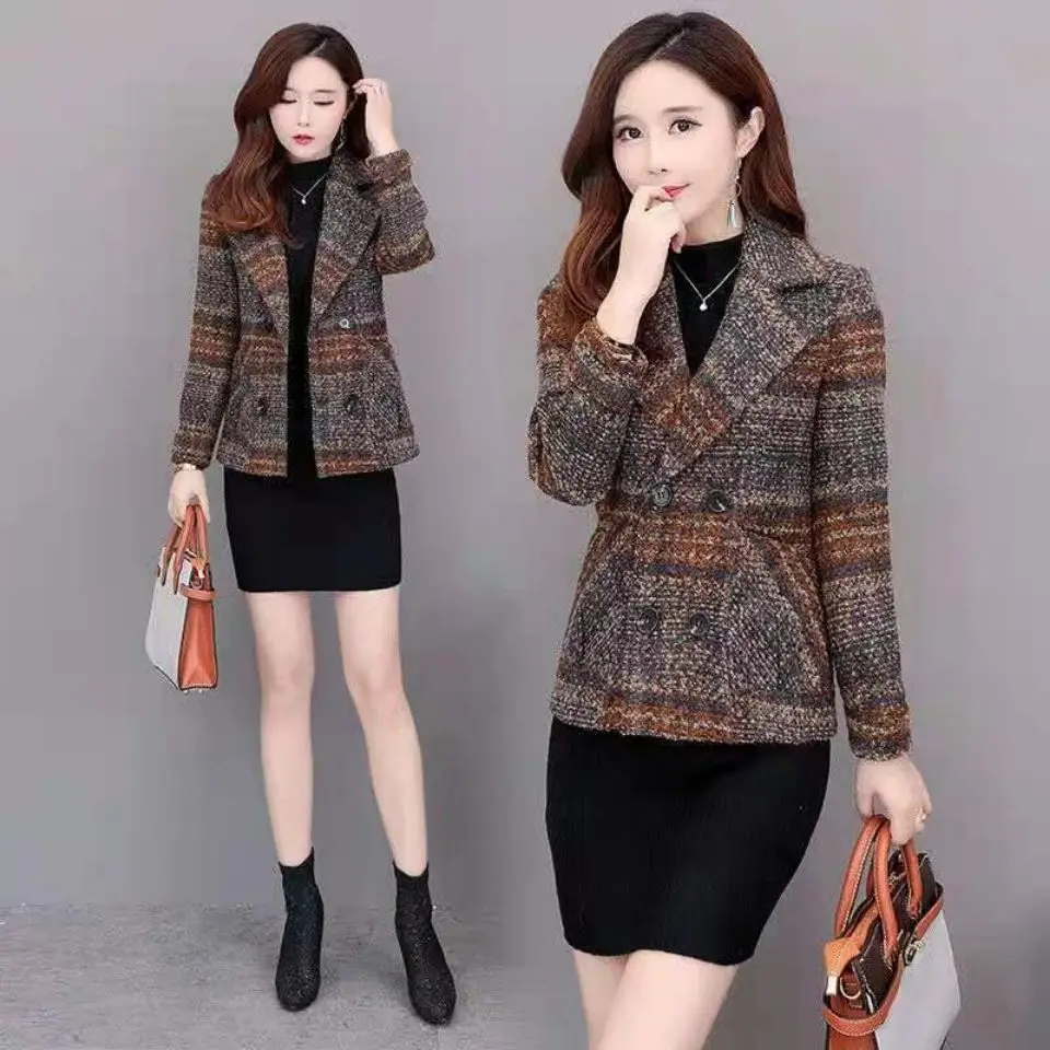 Algodão retro xadrez acolchoado misturas jaqueta mulher meio tweed lã mistura casaco para mulher curto outono quente novidade outerwears na moda