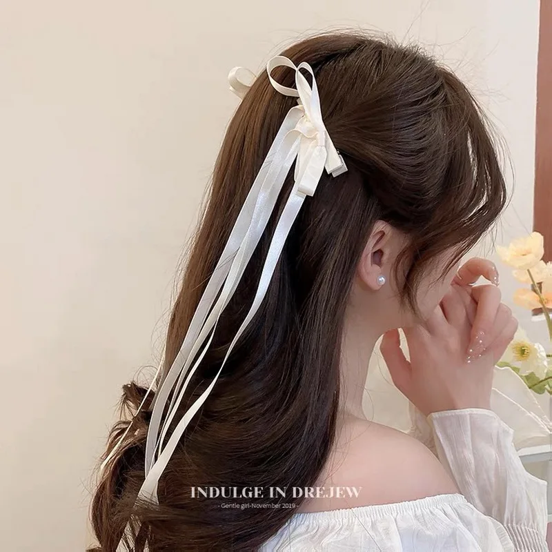 2023 Cute Double Bow Hair Clip For Girls Long Ribbon Hairpins Lolita Pink Bowknot Barrettes kids Side Clips WomenAccessories