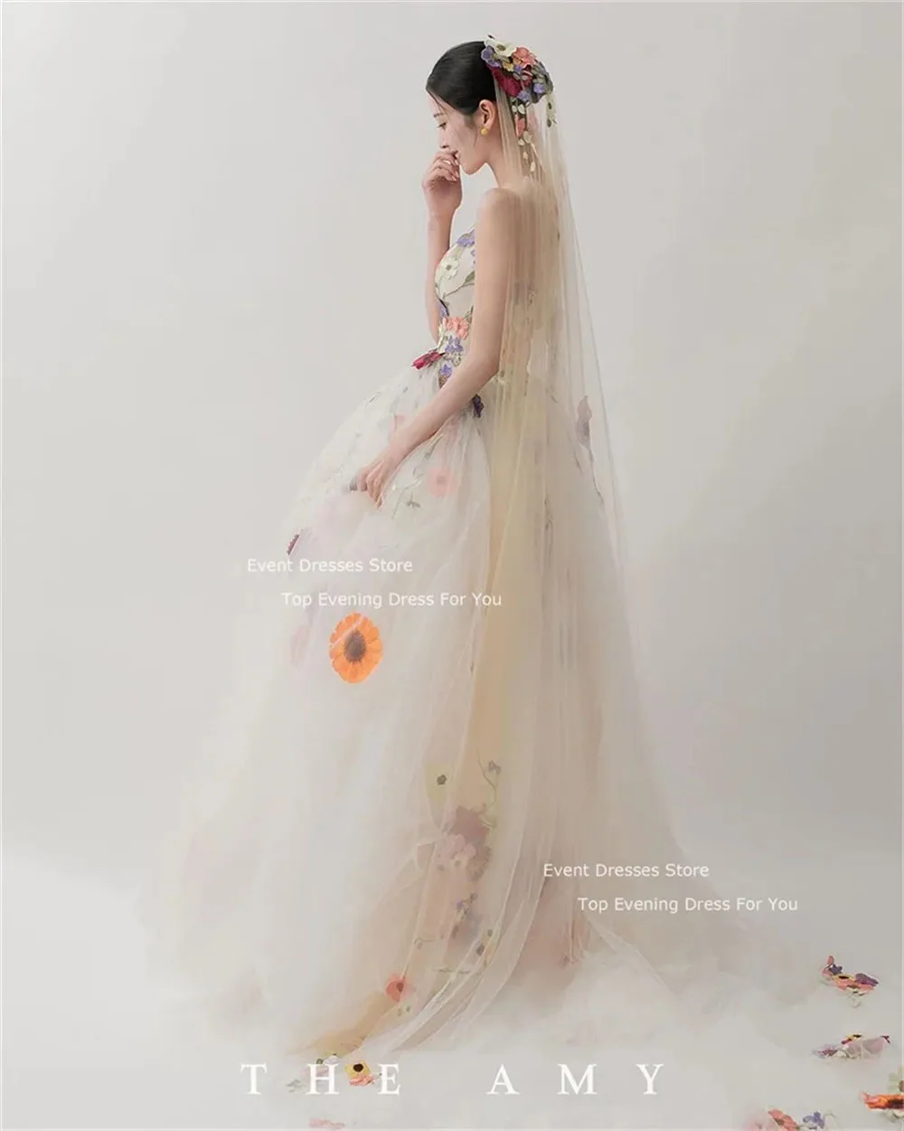 LISM Strapless Korea Garden Wedding Dresses 3D Flowers Lace Appliques Sleeveless Bridal Gowns Photos Shoot Open Back Bride Dress