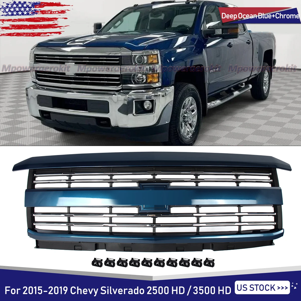 

For Chevrolet Silverado 2500HD 3500HD 2015-2019 Front Grille Deep Ocean Blue WA409Y Aftermarket Automotive Modified Accessories