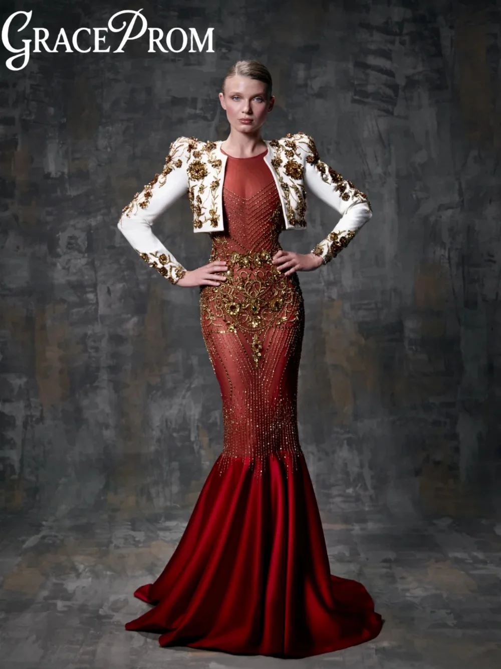 

New Luxurious Beaded Evening Dress With Jacket Stylish Red Mermaid Long Wedding Party Gowns Customized Long Banquet Gowns