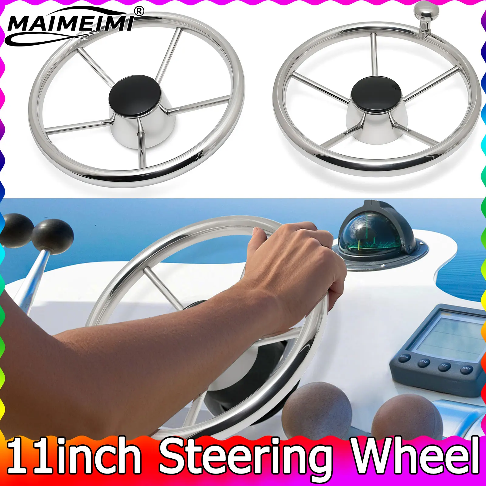 

11 Inch Marine Stainless Steel Steering Wheel With Knob Or Without Knob Grip Boat Accessories Fit For Yacht Boat