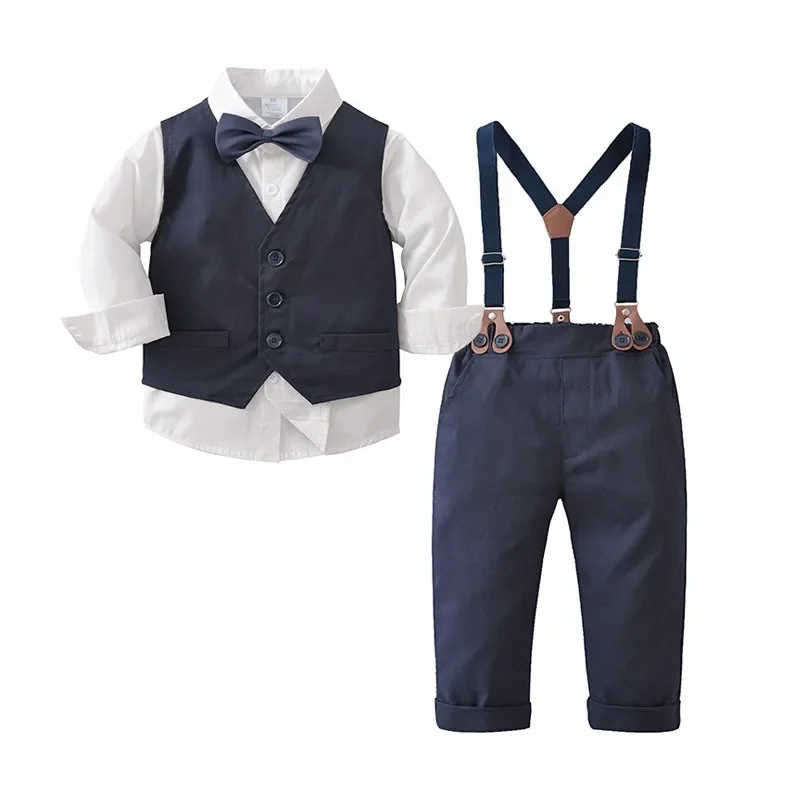 5PCS Gentleman Baby Boy Formal Dark Blue Vest Suits Clothes Set Bow Tie Spring Infant Toddler Party Birthday Baby Clothing Set