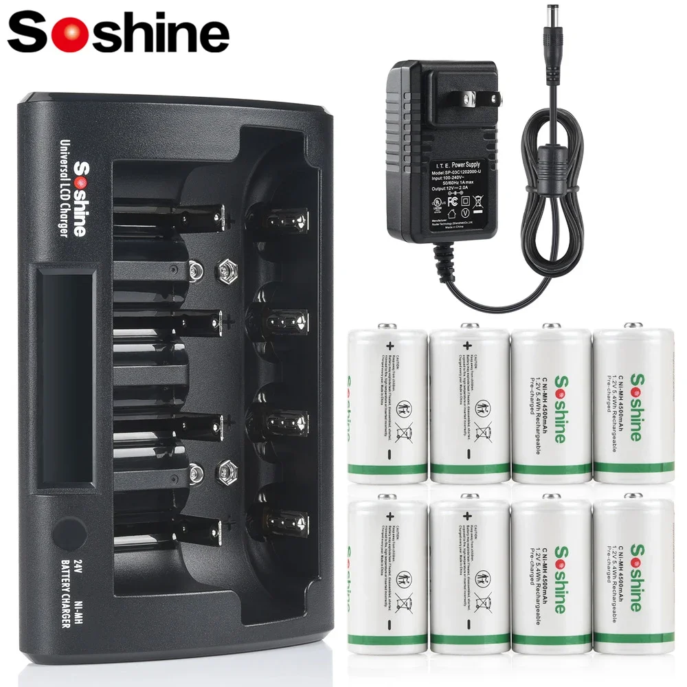 Soshine 4500mAh NiMH Rechargeable Batteries and LCD Ni-MH Li-ion LiFePO4 Charger 1.2V 4500mAh C Size Low Self Discharge Battery