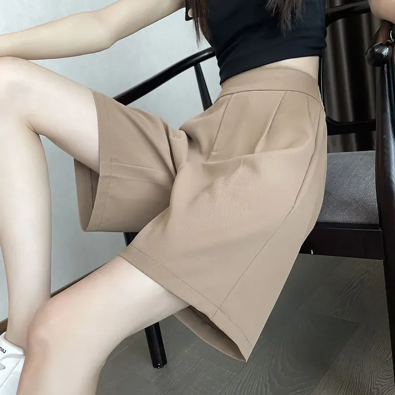 Women Summer Thin Ice Silk Suit Shorts High Waist Loose Wide Leg Five Point Casual Midi Pants S-XXL