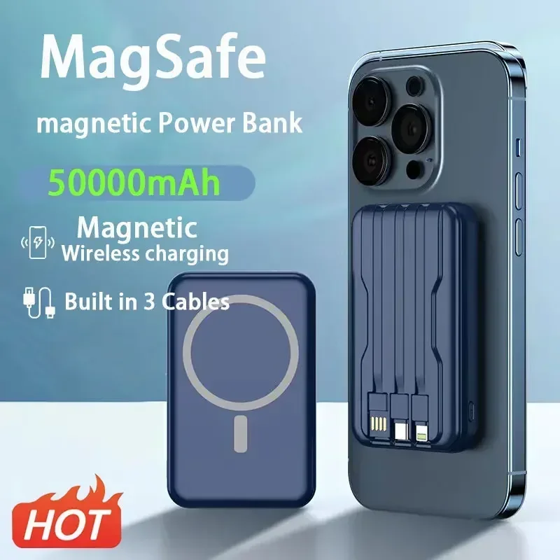 

Wireless Magnetic 50000mAh Power Bank Portable Powerbank Type C Fast Charger Built in Cable For iPhone 14 13 Xiaomi Battery Pack