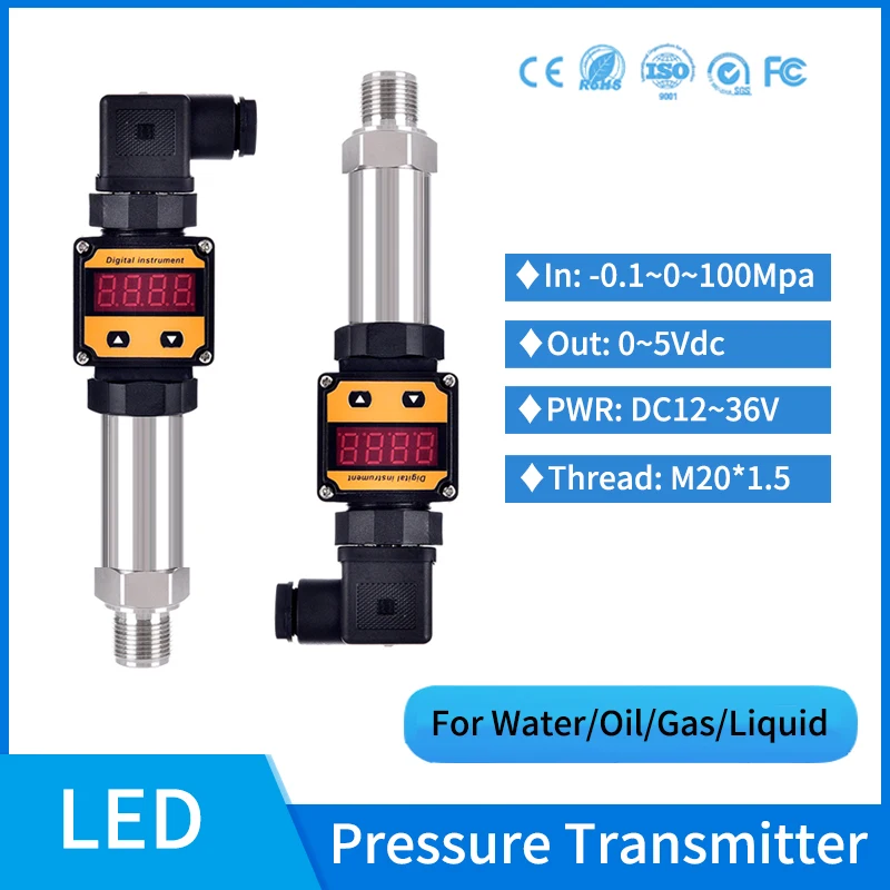 

Digital Display LED Pressure Transducer 0-5v Compact Pressure Transmitters 0-100Mpa Air Compressor Pressure Sensor