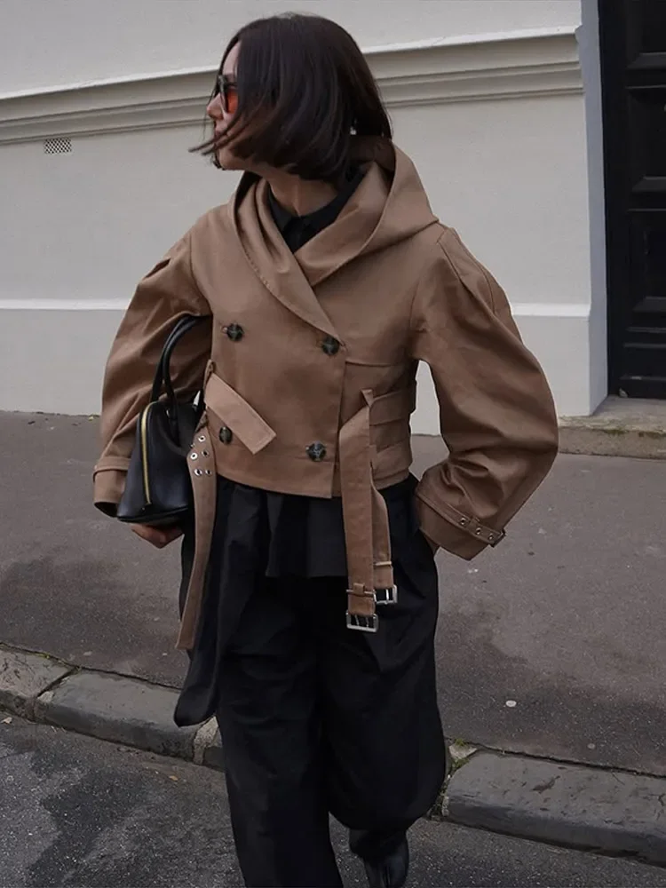 Autumn New Casual Hoodie Belt Short Coats Women Solid Double Belts Full Sleeve Loose Turn-down Collar Jackets Female Tops