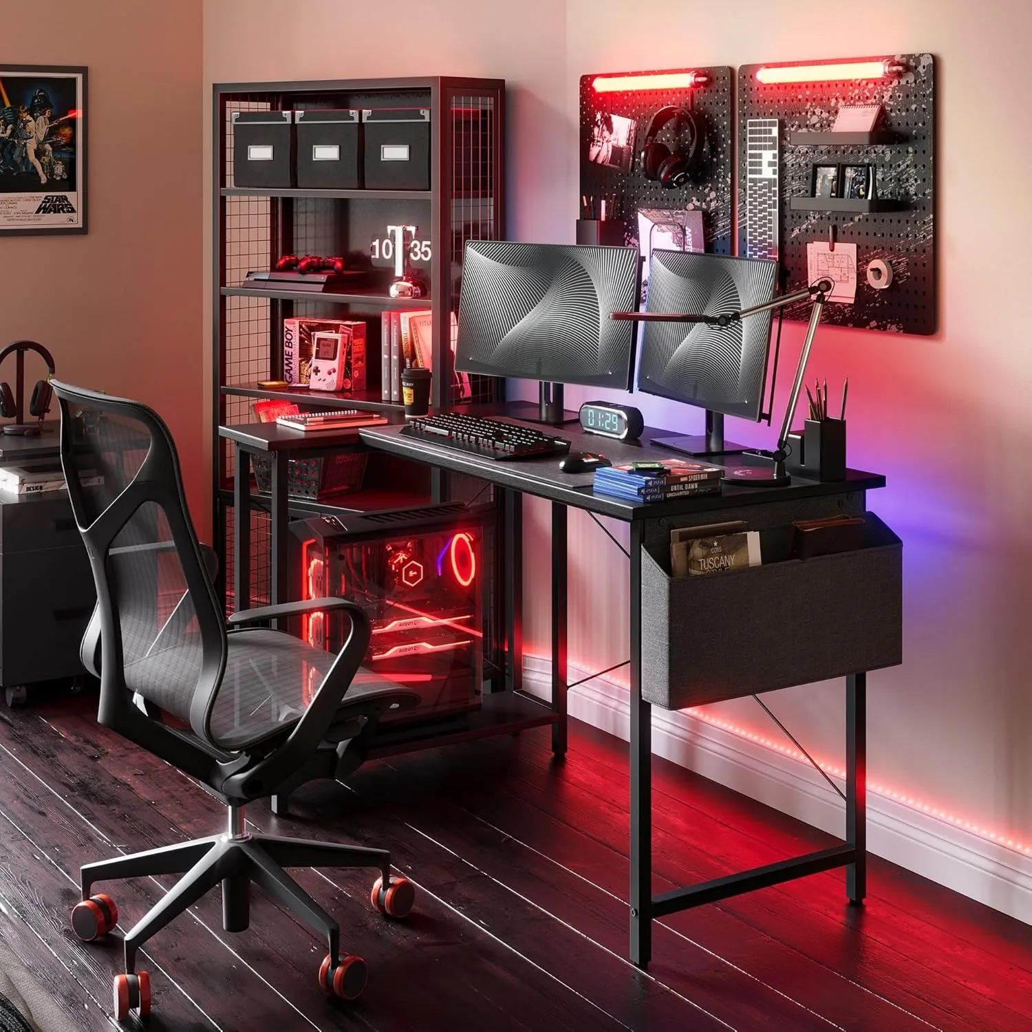 L Shaped Desk, 55 Inch Computer Desk with Reversible Storage Shelves Home Office Corner Desk Study Writing Table, Black