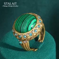 Vintage Round Antique Jewelry Ring Peacock Blue Green Natural Stone Rhinestones Gold Color Accessories for Women Luxury New 2024