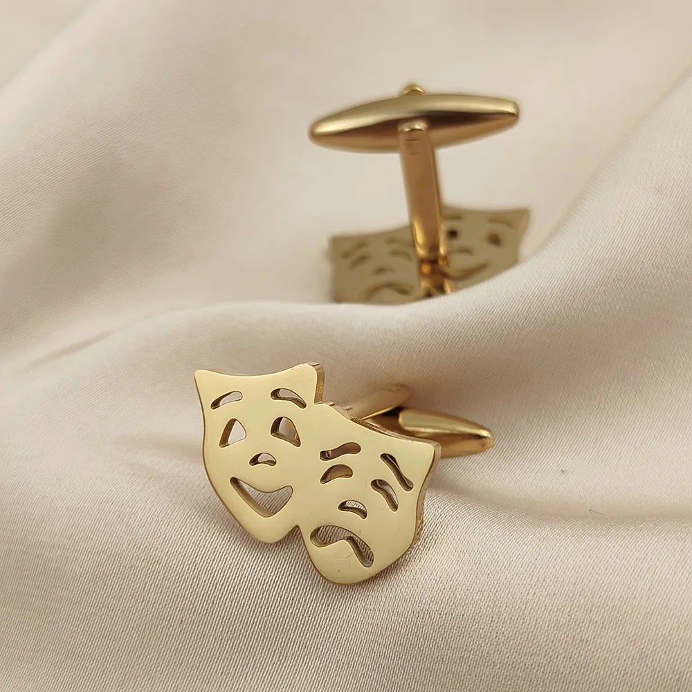 Cufflinks 316L Stainless Steel 18K Gold Plated Theater Comedy Tragedy Mask Hollow Mens Shirt Cuff Links Wedding Business Jewelry view 3