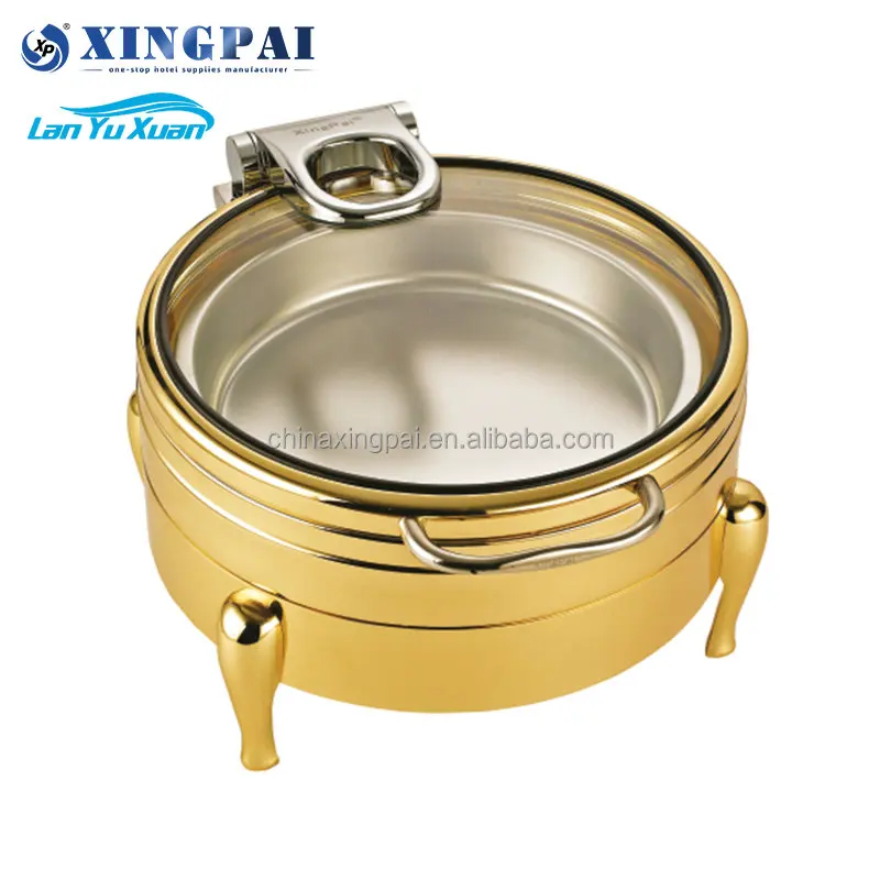 XINGPAI Catering Equipment Hydraulic Buffet Food Warmer Golden Round 6 L Glass Lid Chafing Dish