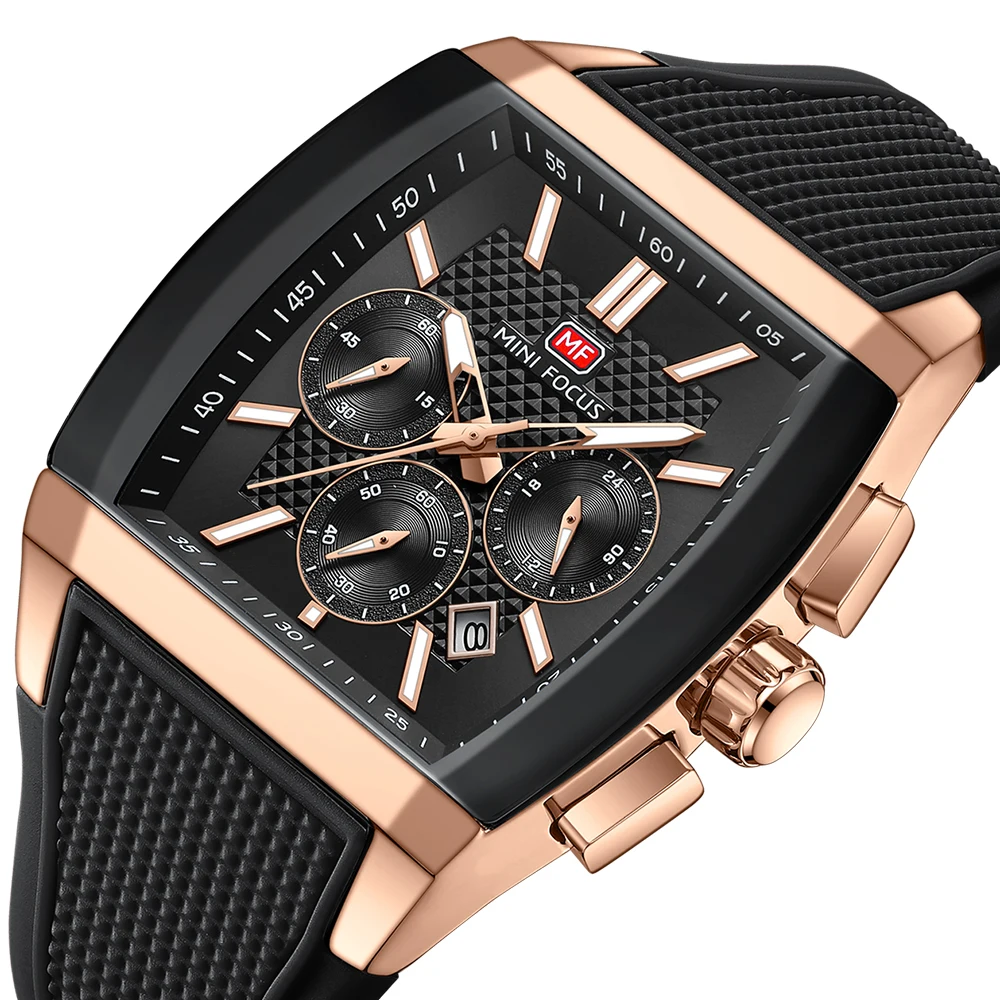 MINI FOCUS New Men’s Tonneau Watch – Waterproof Luminous Quartz Business Casual Wristwatch with Silicone Strap Calendar Display