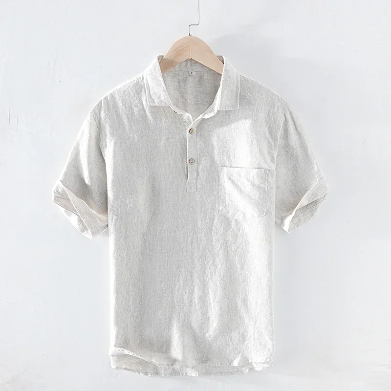 

100% Pure Linen Short Sleeve Shirts for Men Summer New Fashion Pullover Tops Male Casual Solid White Turn-down Collar Polo Shirt