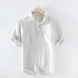 100% Pure Linen Short Sleeve Shirts for Men Summer New Fashion Pullover Tops Male Casual Solid White Turn-down Collar Polo Shirt