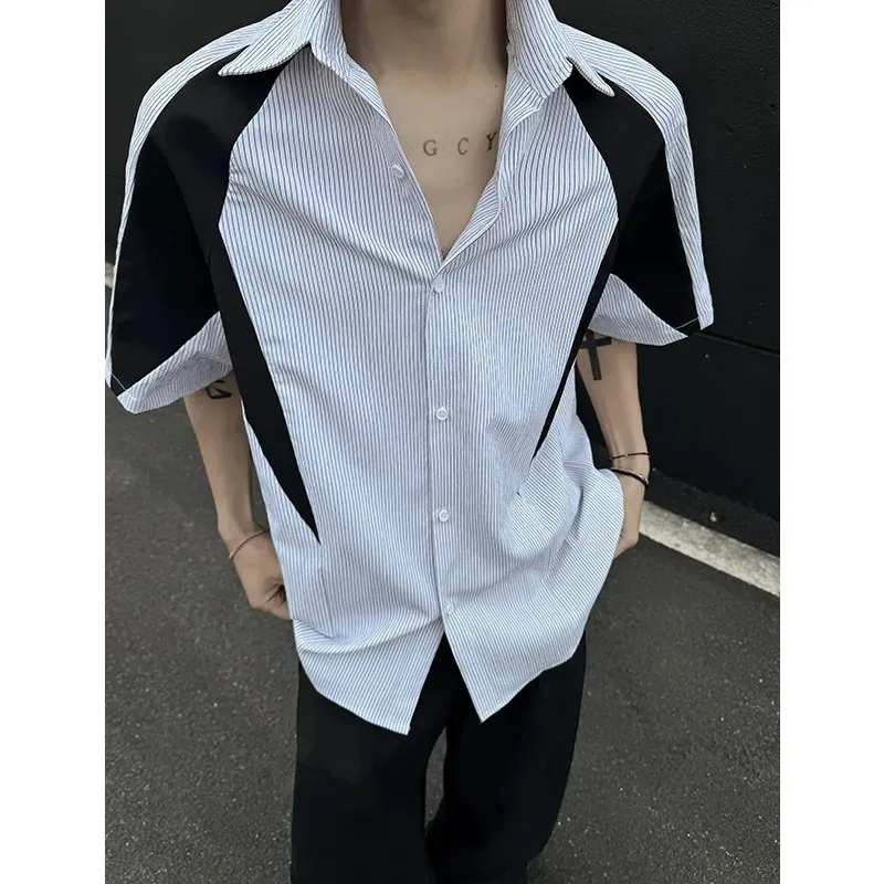 

Men's Summer White Striped Black Patchwork Short Sleeve Shirt Turn Down Collar Button Down Loose Casual Fashion Top