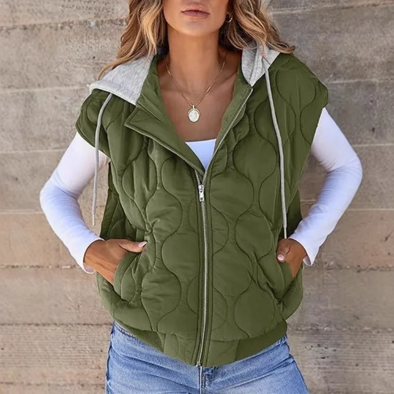 2025 Hot Autumn New Color Matching Sleeveless Jacket Women Simple Versatile Drawstring Hooded Vest Women