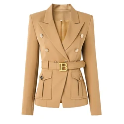 New Color Classic Style Pocket Design Women Bodycon Khaki Quality Blazer with Belt Lady Jackets