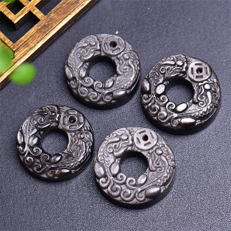 2PCS Natural Silver Obsidian Double Pixiu Safety Buckle Pendant Reiki Healing Stone Crystal Gemstone Jewelry Accessories 33x10mm