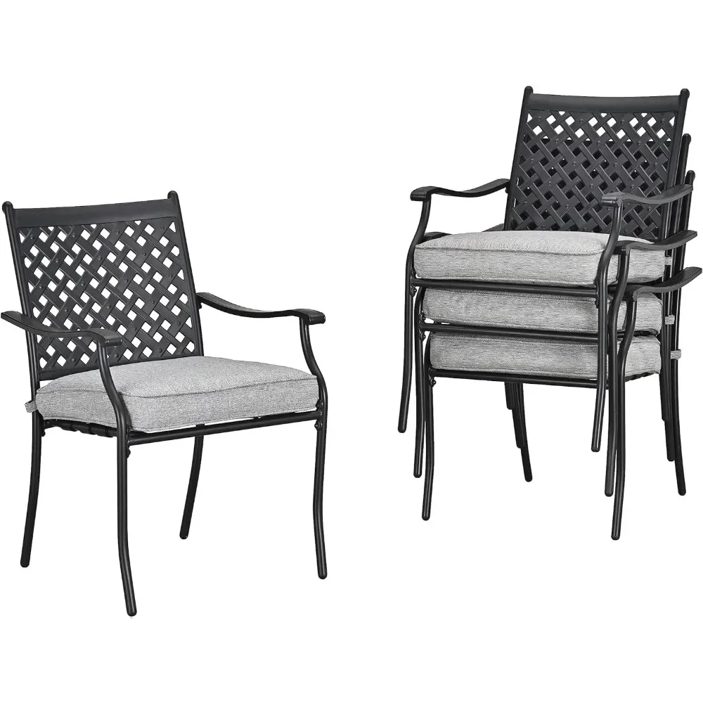 

Outdoor Patio Metal Wrought Iron Dining Chair Set with Arms and Seat Cushions - Grey