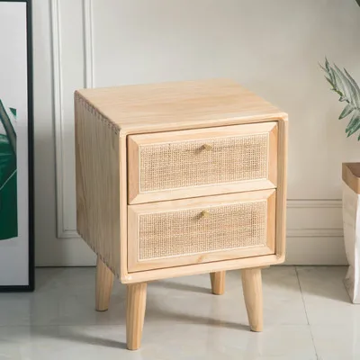 Solid wood bedside table Nordic storage locker bedroom bedside rattan bedside table