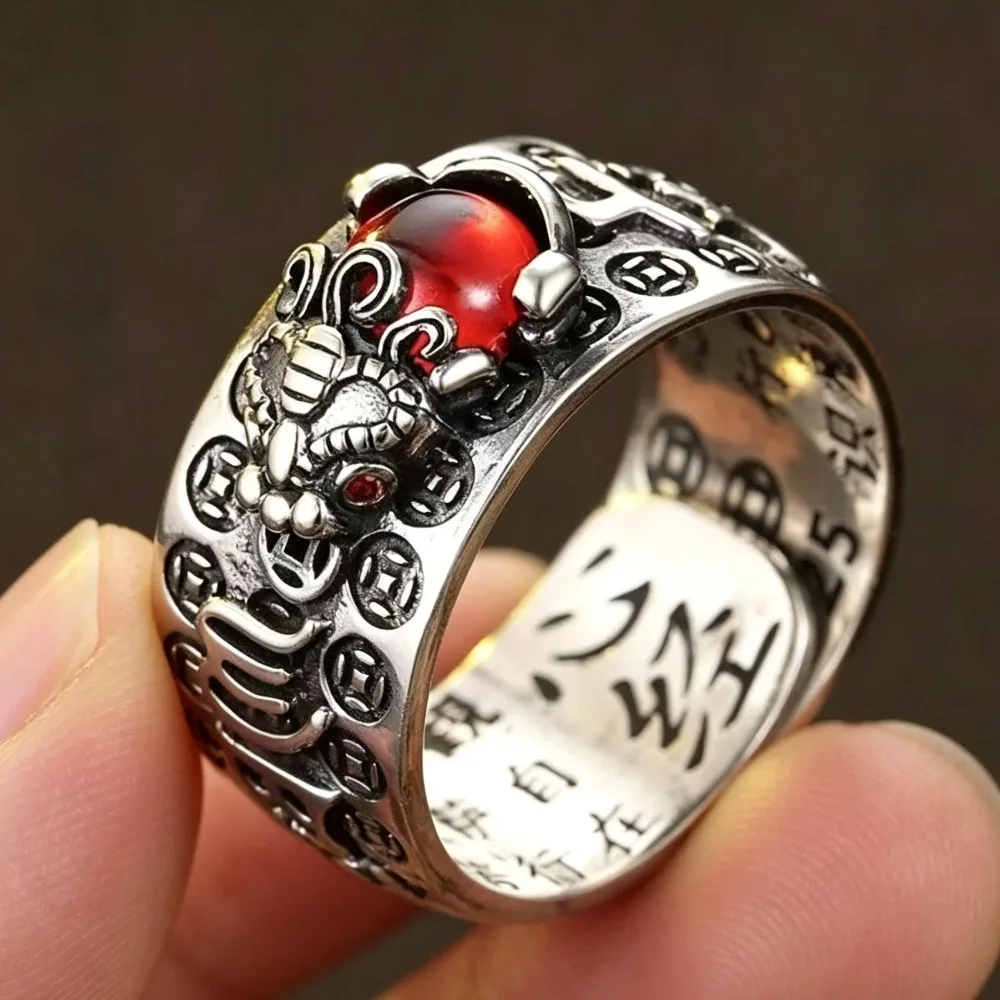 Vintage Silver Pi Xiu Ring Red Garnet Inlaid Heart Sutra Engraved Adjustable Open Band Wealth Lucky Jewelry Gift for Men Women