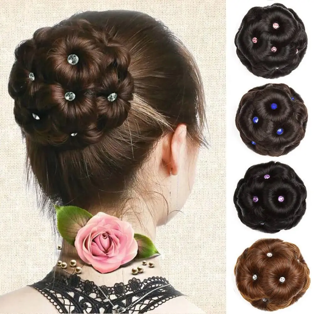 

Trendy Fake Hair Nine flowers Chignon Natural Brown Crystal Synthetic Bun Donut Bun Hair Extension Curly Chignon Women
