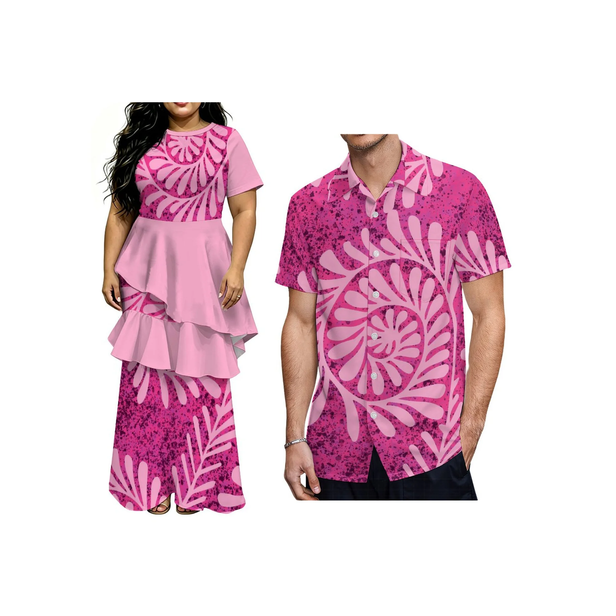 Women Dusty Pink Vintage Polynesian Print 2 Piece Puletasi Set Short Sleeve Layered Ruffle Tunic Top Long Skirt Island Outfit