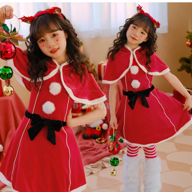 

Christmas Children Clothes Cosplay New Year Costume Girls' Cape Dress Red Party Attire Santa Claus Set Vestidos Set Anime