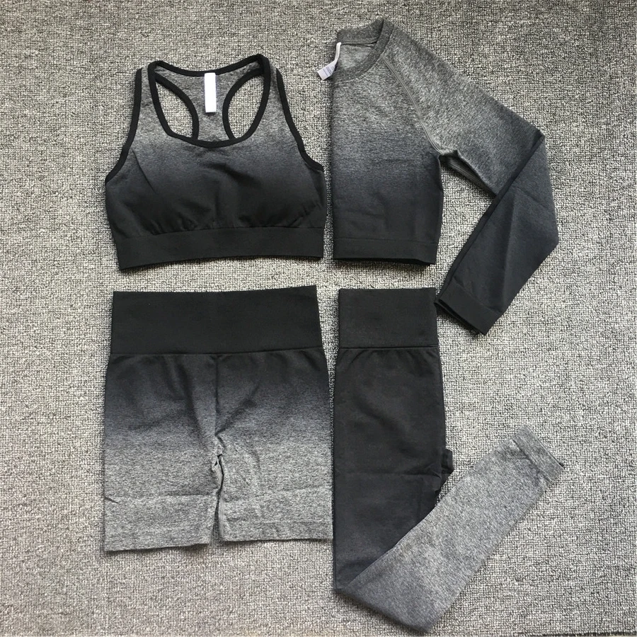 QK 2024 1PCS Seamless Women Fitness Gradient Yoga Set Ombre Squat Proof Workout Gym Leggings Running Tracksuit Sports Suits