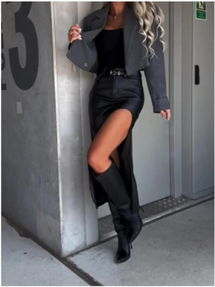 Women's Sexy Black Slit Mid Skirt Slim Buttocks Skirt High Street Party Fashion Punk Autumn Skirt