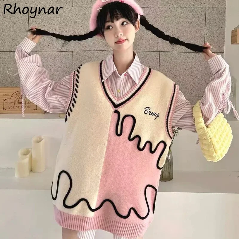 

Sweater Vests for Women Kawaii Girlish Fashion Contrast Color Design Korean Style Knitted Baggy Clothes V-neck Chic Teens Autumn