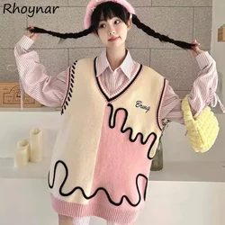 Sweater Vests for Women Kawaii Girlish Fashion Contrast Color Design Korean Style Knitted Baggy Clothes V-neck Chic Teens Autumn